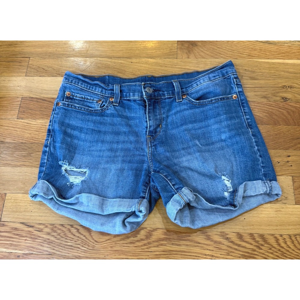 Levis Mid Rise Distressed Cuffed Denim Shorts‎ Medium Wash Blue Womens Size 29